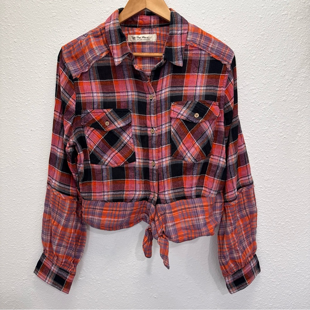 Free People With A Free Plaid, Long Sleeve Tie, Front Cropped Size Large